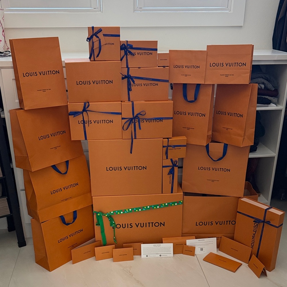 Louis Vuitton Orange Boxes and Blue-Ribbon Bags Display